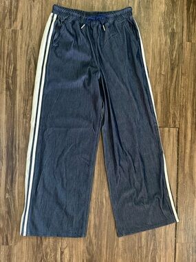 HALARA Navy Wide Leg Track Pants with White Side Stripes